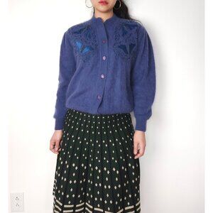 90s vintage angora wool beaded embroidered knit sweater cardigan cobalt blue
